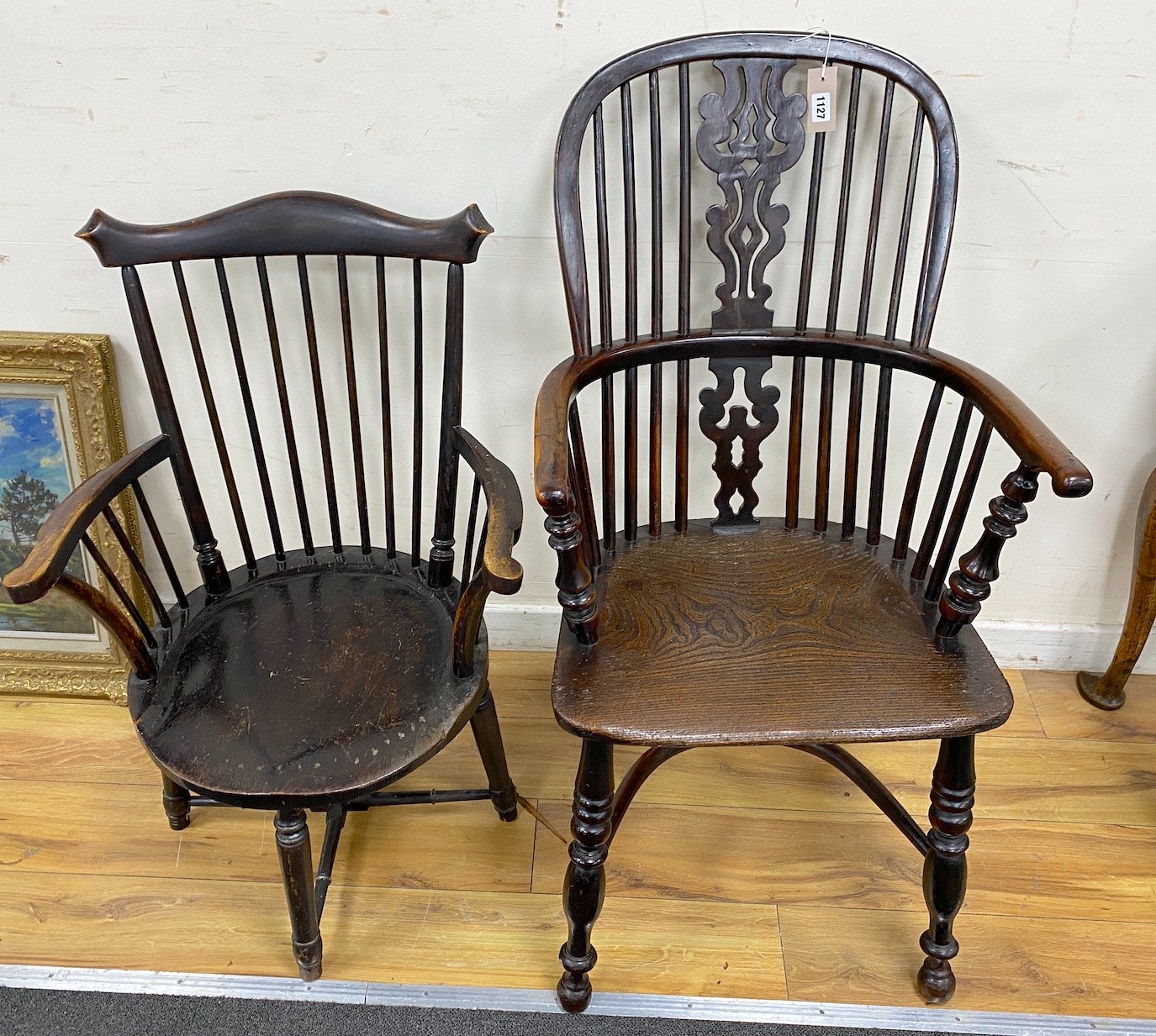 A 19th century Yorkshire area yew and elm Windsor elbow chair, width 54cm, depth 39cm, height 100cm together with a later Windsor chair